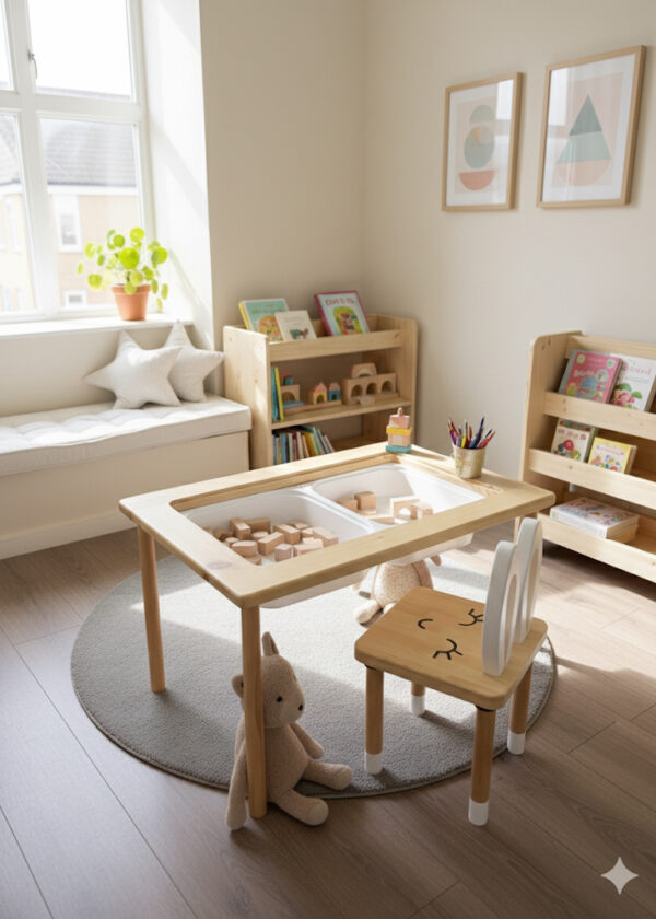 Doğal ahşap Montessori çocuk aktivite masası ve tavşan kulaklı sandalye seti.