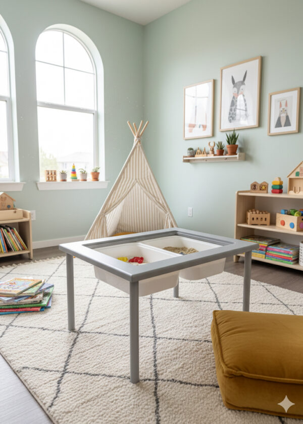 Gri Montessori masa ve ayı–tavşan figürlü doğal ahşap çocuk sandalye