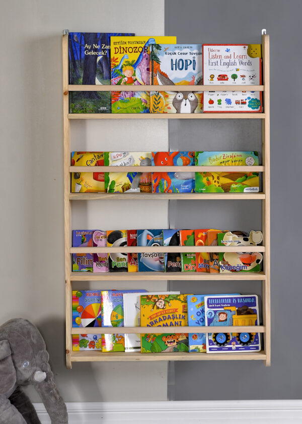 Montessori Uyumlu Doğal Çam Ağacı Duvar Kitaplığı – 110x70 cm, Kolay Kurulum - Görsel 4