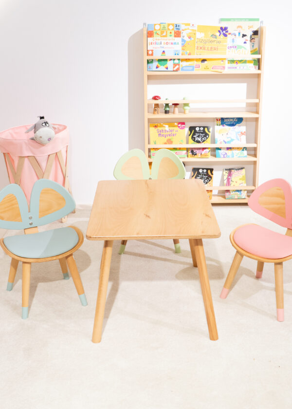 montessori çocuk masası kayın kontrplak ahşap masa ve suni deri sandalye seti
