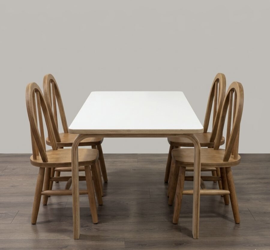 Beyaz kompakt masa ve kayın kontraplak sandalye seti 120x60 cm anaokulu kreş - Lilikids Shop