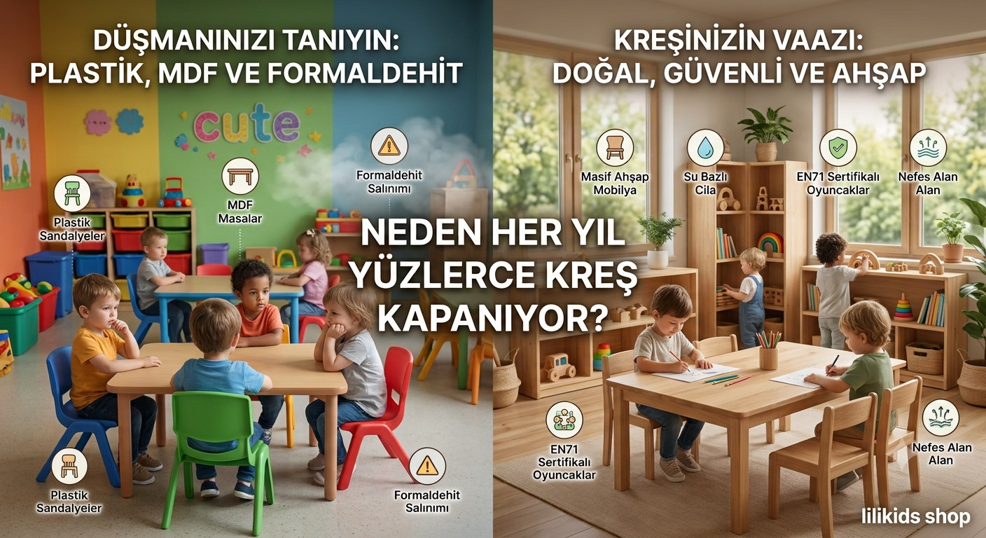 Kreş sınıf düzeni masif ahşap masa sandalye montessori mobilya - Lilikids Shop