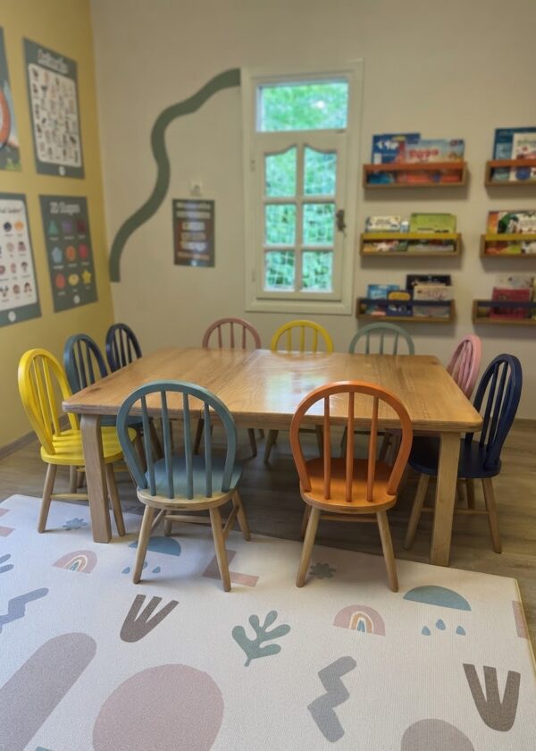 Kayın kontraplak masa 160x100 cm monoblok ayak 10 amerikan sandalye seti anaokulu kreş - Lilikids Shop