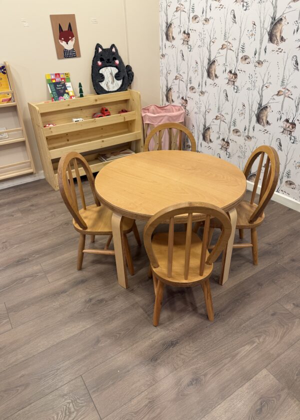 Yuvarlak masa 4 amerikan sandalye seti kayın kontraplak 80 cm monoblok ayak anaokulu kreş - Lilikids Shop